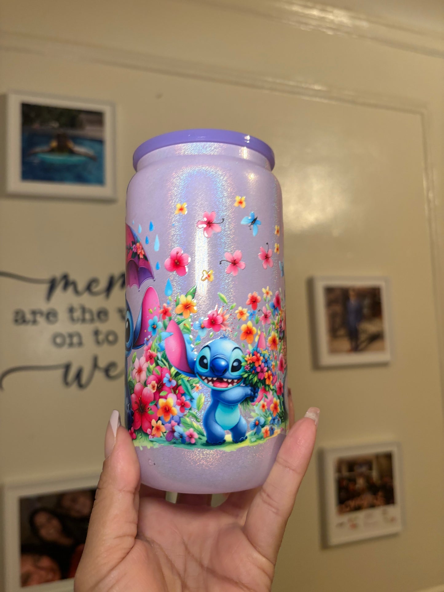 Stitch UV DTF wrap on a shimmer Purple glass Libby cup
