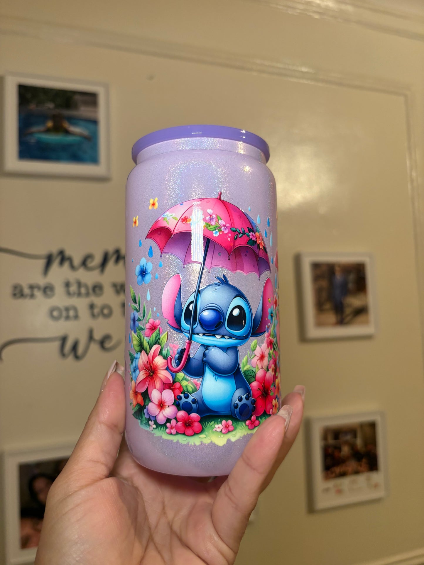 Stitch UV DTF wrap on a shimmer Purple glass Libby cup