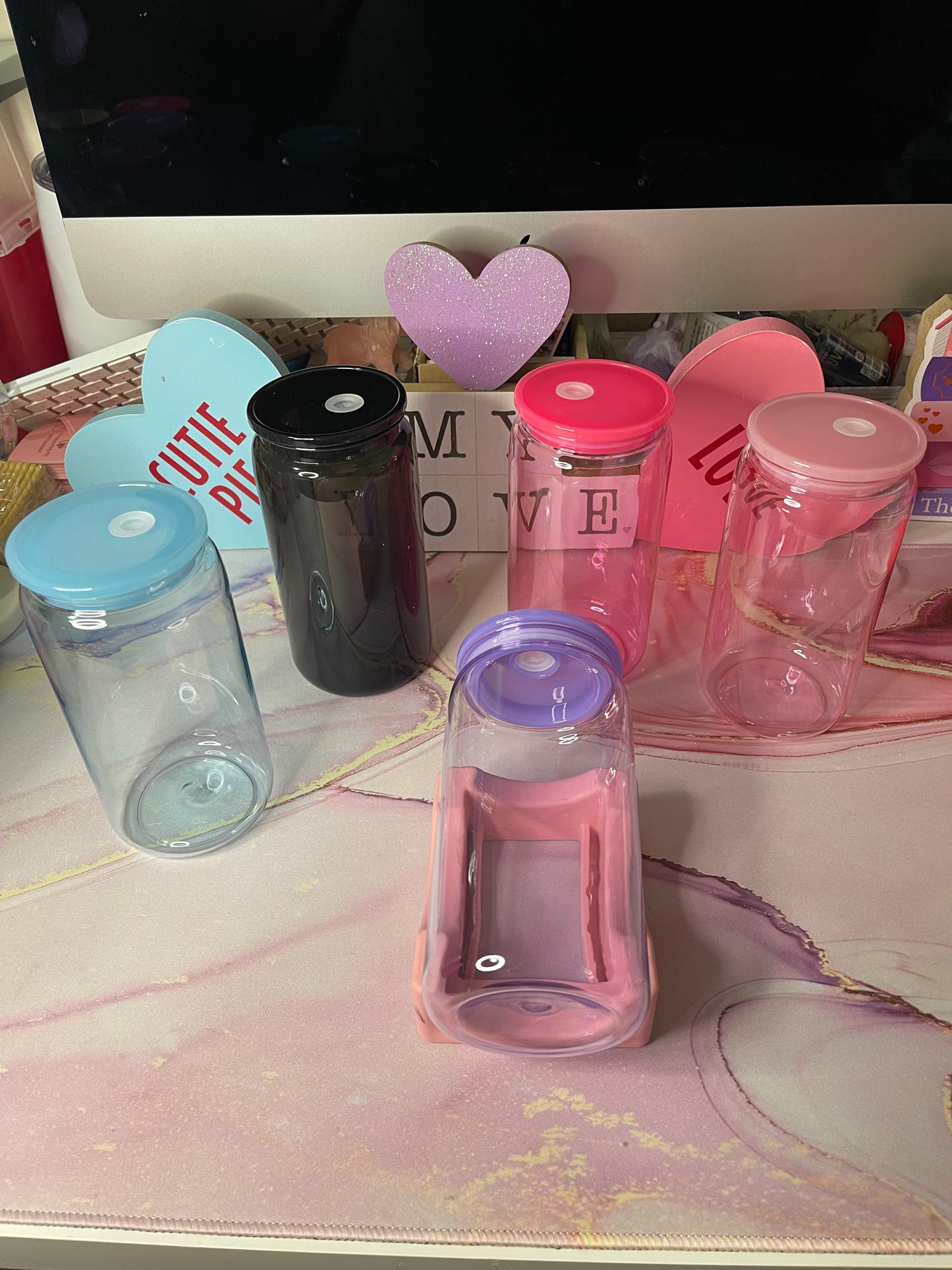 Plastic Bright Pink Can with Pink Lid and Straw