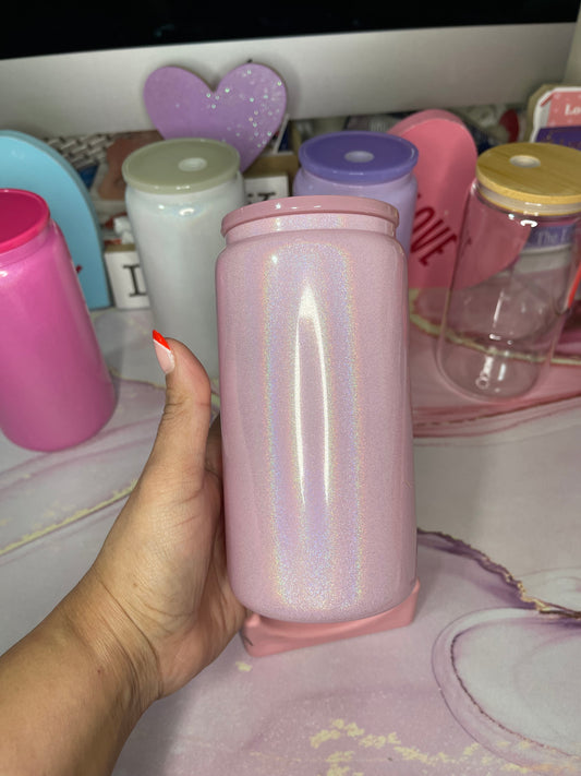 Shimmer Light Pink Glass Can with Light Pink Lid and Straw
