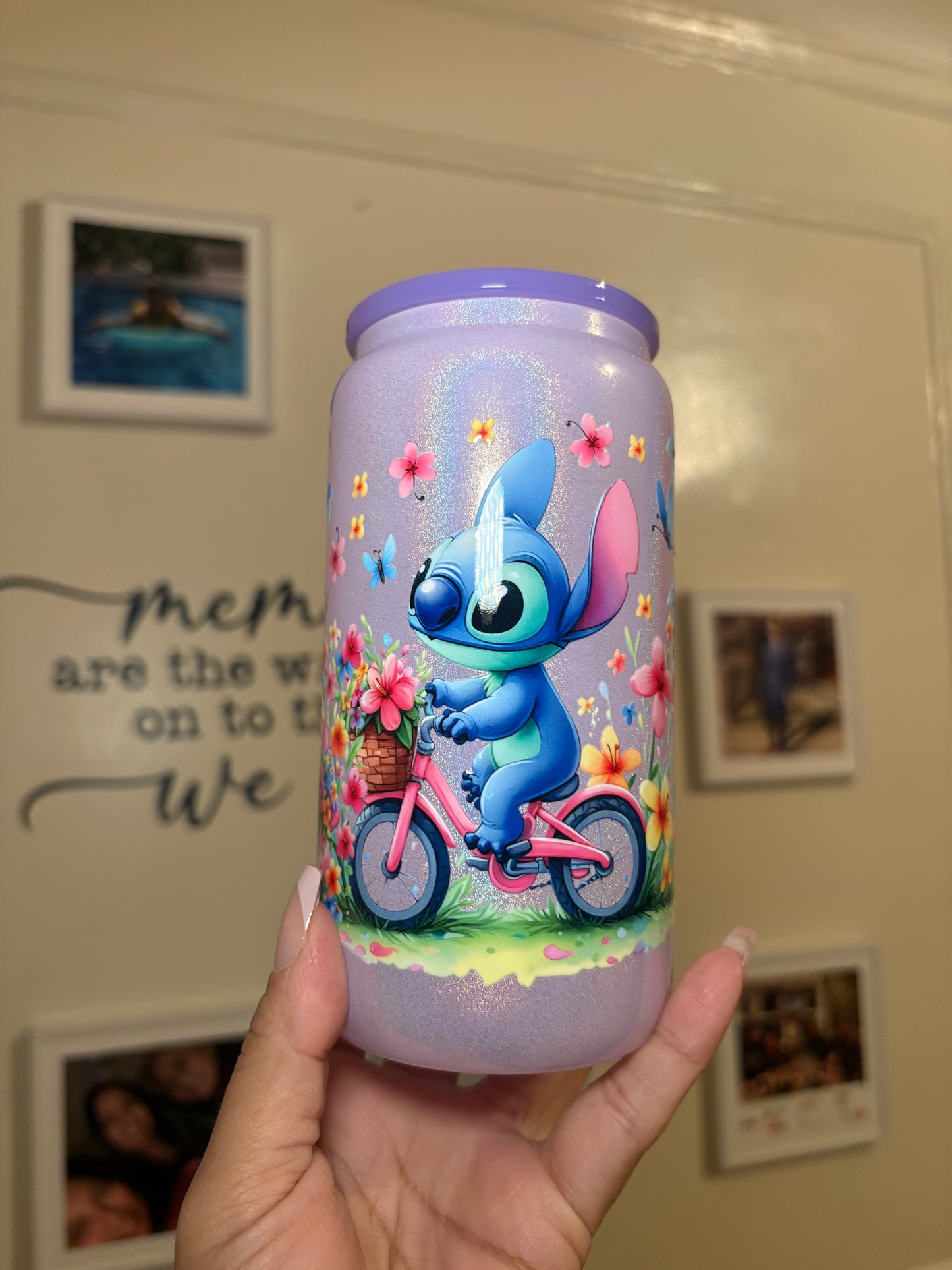 Stitch UV DTF wrap on a shimmer Purple glass Libby cup