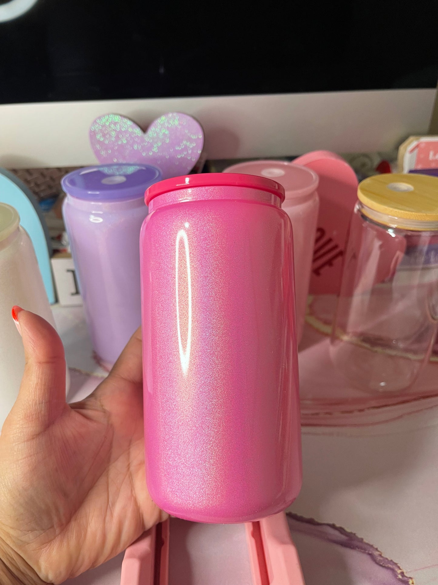 Shimmer Hot Pink Glass Can with Hit Pink Lid and Straw