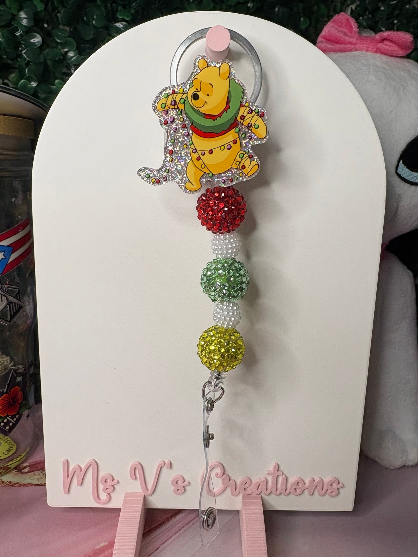 Pooh Bear w/Christmas lights badge reel