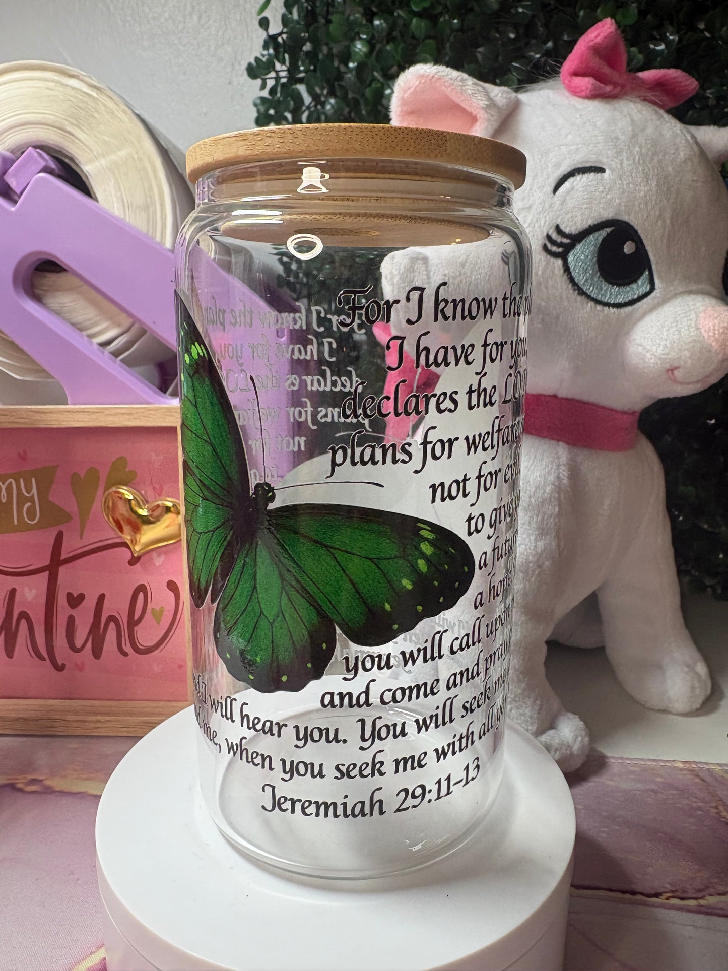 Green butterfly Jeremiah 29:11-13 Glass Libby Cup￼