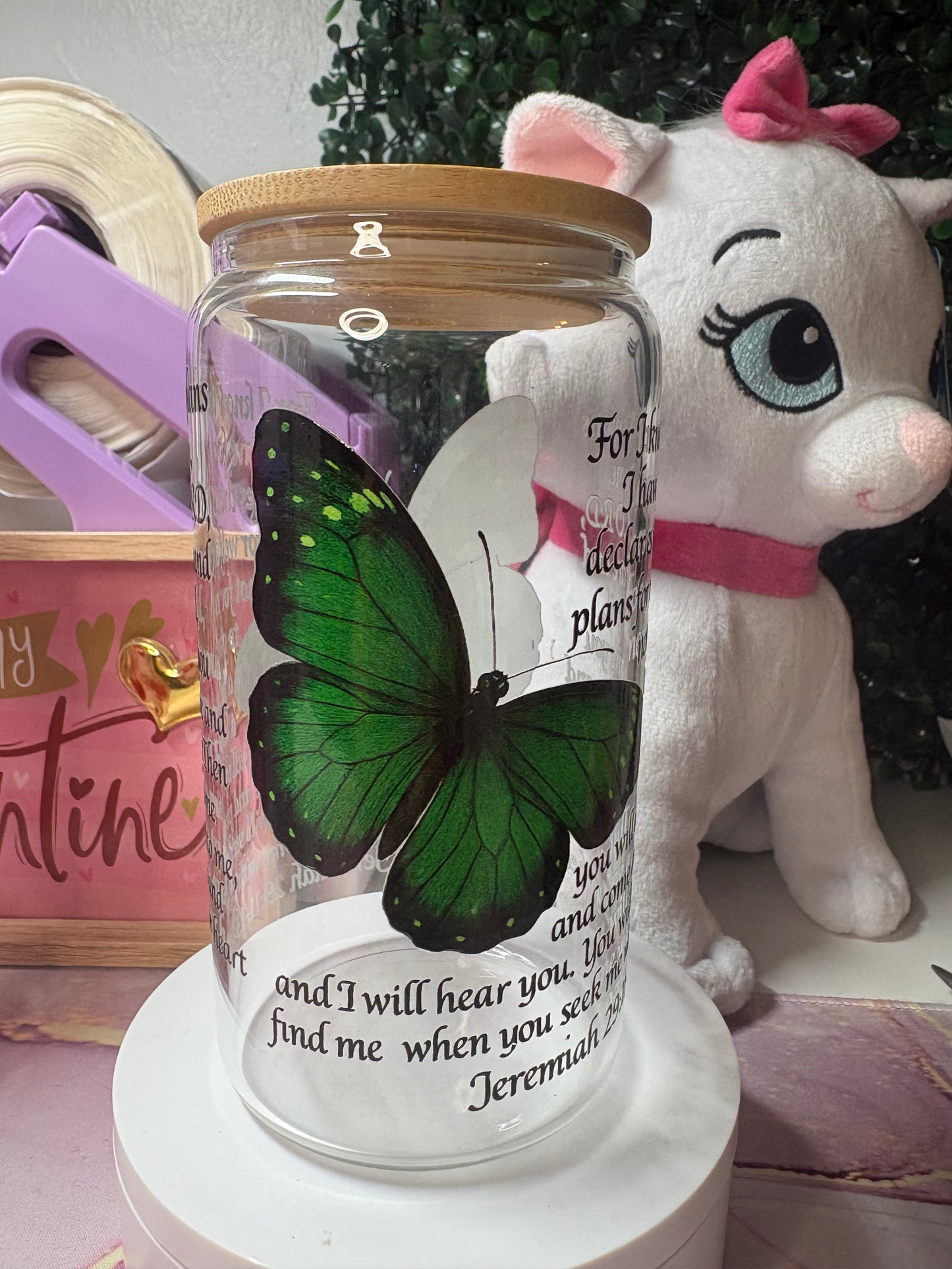 Green butterfly Jeremiah 29:11-13 Glass Libby Cup￼