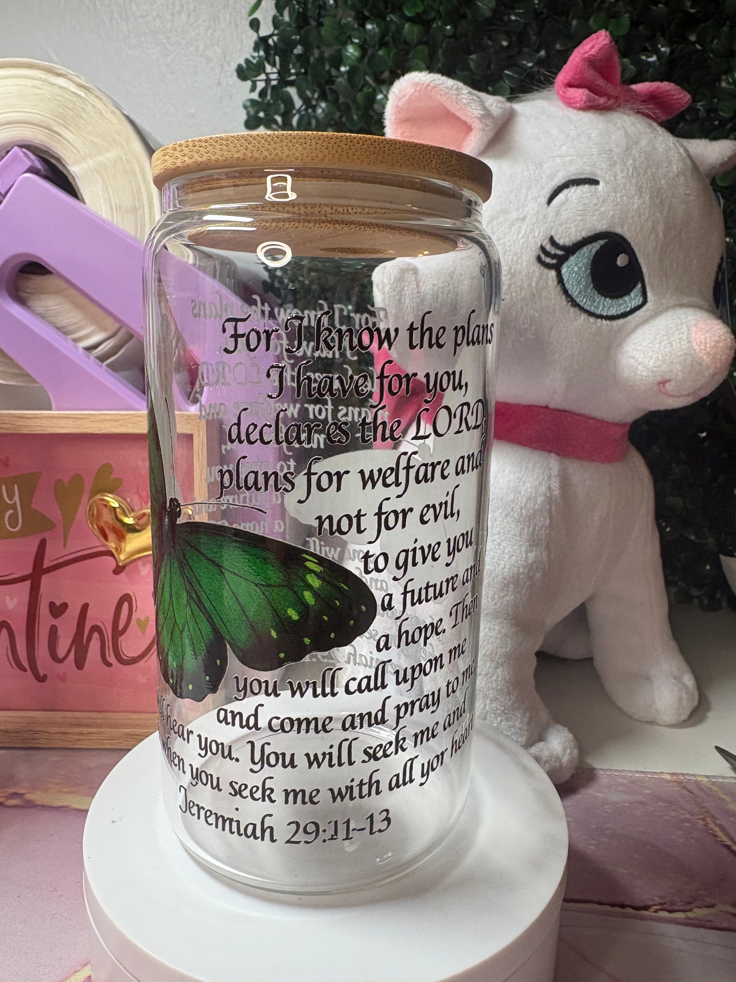 Green butterfly Jeremiah 29:11-13 Glass Libby Cup￼