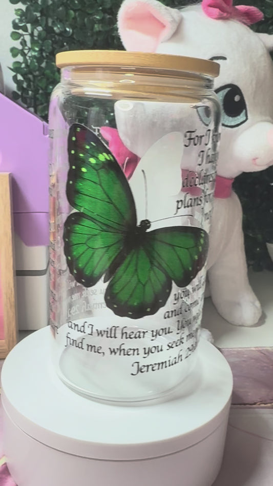 Green butterfly Jeremiah 29:11-13 Glass Libby Cup￼